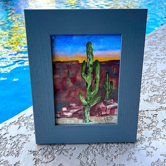 Watercolor of Saguaro Cactus by artist C. Hensley. 5 X 7”. Frame is not great. - Picture 1 of 5